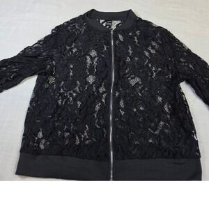 Ranlege Black Floral Lace Full Zip Bomber Jacket Sheer Lightweight XL